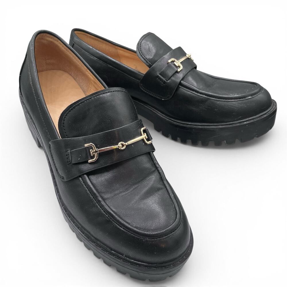 Black Chunky Lug Sole Black Leather Loafers 8.5 Horsebit Gold Y2K Dark Academia